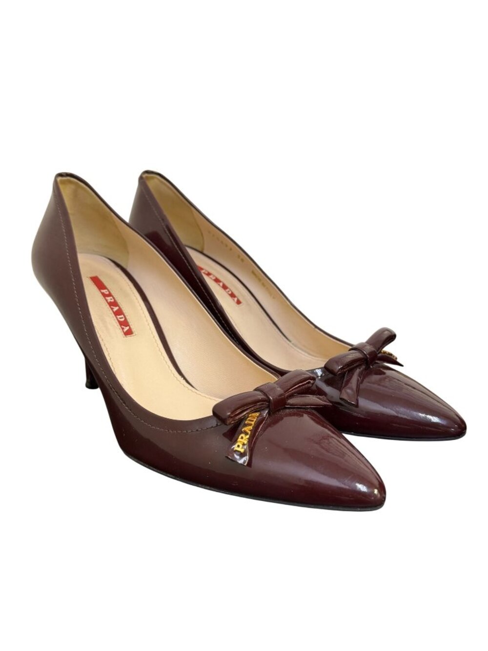 Prada Patent Leather Heels Wine Bow Detail Size 8